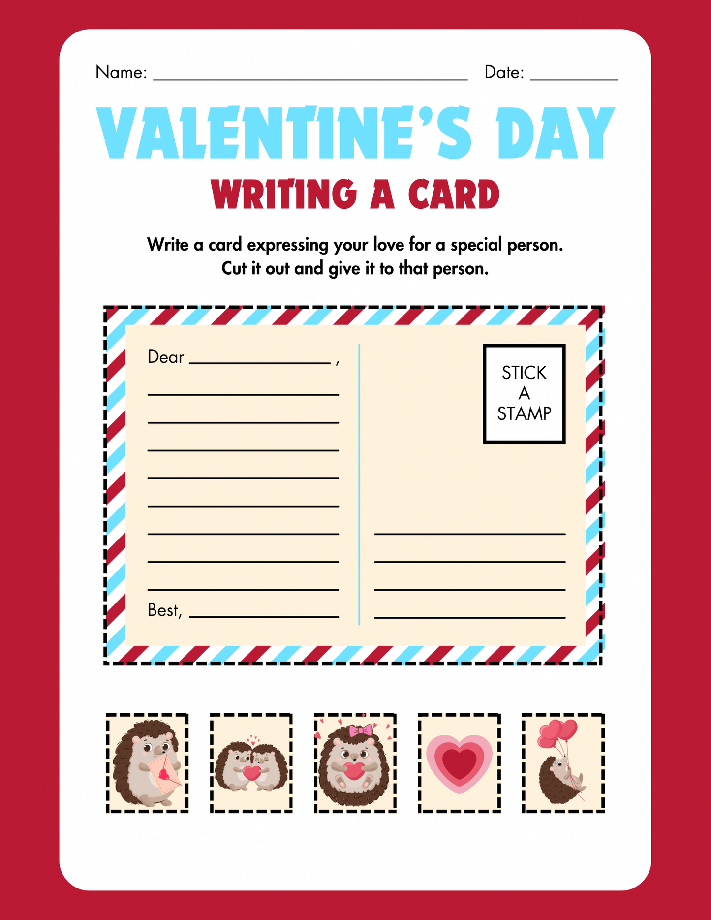 "Writing a Valentine's Day Card" Worksheet (Love, Mr. Hedgehog